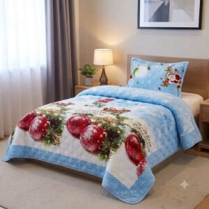 Colcha Quilt Verano Esferas Navideñas Celeste 1.5 Plazas