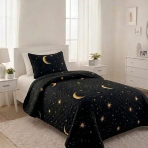 Cubrecama Quilt Lunas y Estrellas Negro Dorado 1.5 Plazas (180x230 cm)