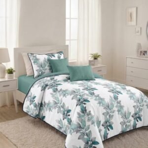 Cubrecama Quilt Hojas Botánicas Verde y Blanco 1.5 Plazas (180x230 cm)