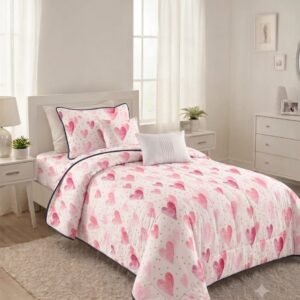 Cubrecama Quilt Corazones Acuarela Rosa y Blanco 1.5 Plazas (180x230 cm)