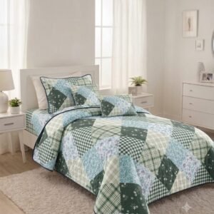 Cubrecama Quilt Patchwork Cuadrillé y Floral Verde y Celeste 1.5 Plazas (180x230 cm)