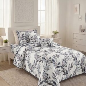 Cubrecama Quilt Hojas y Ramas Azul y Blanco 1.5 Plazas (180x230 cm)