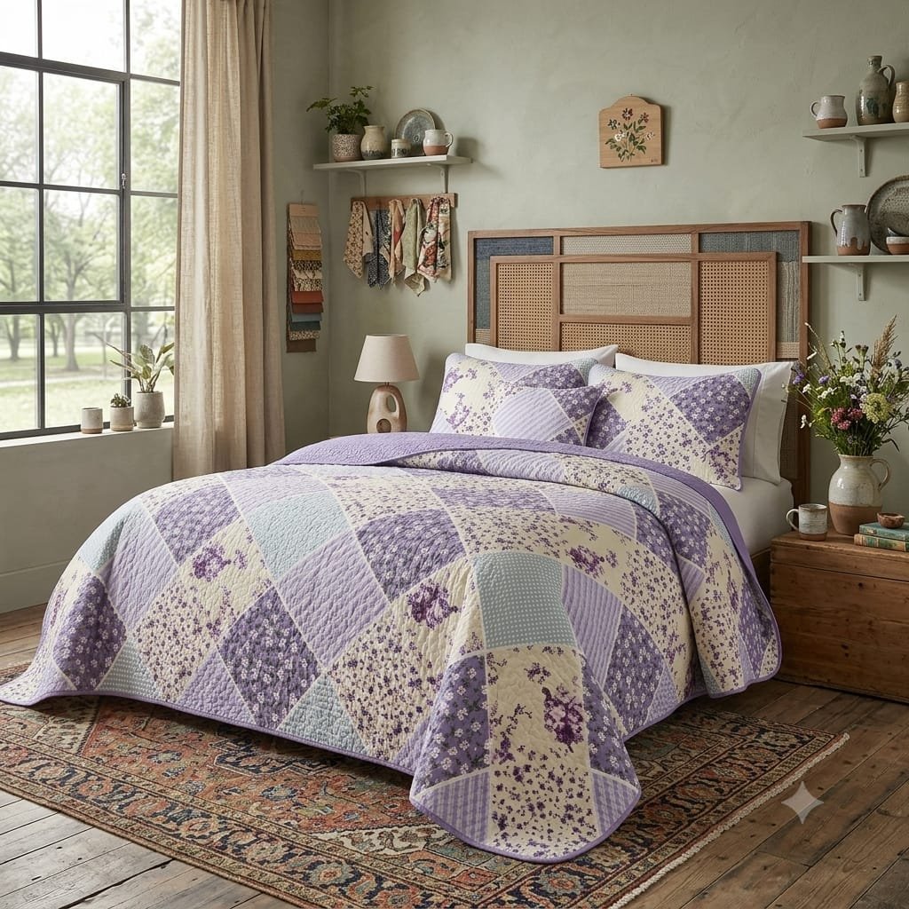 Cubrecama Quilt Patchwork Floral Morado 2 Plazas (230x250 cm)
