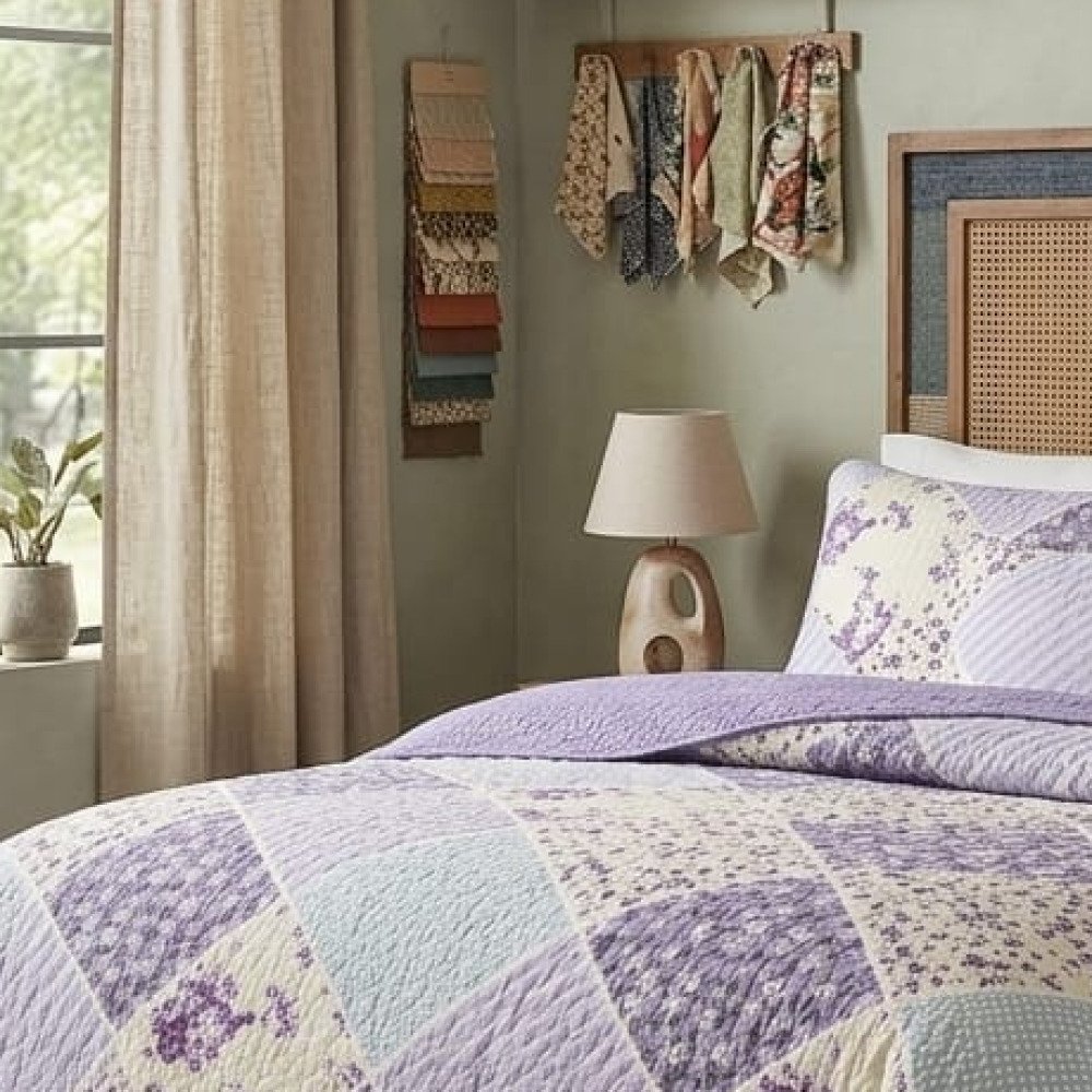 Cubrecama Quilt Patchwork Floral Morado 2 Plazas (230x250 cm) - Imagen 3