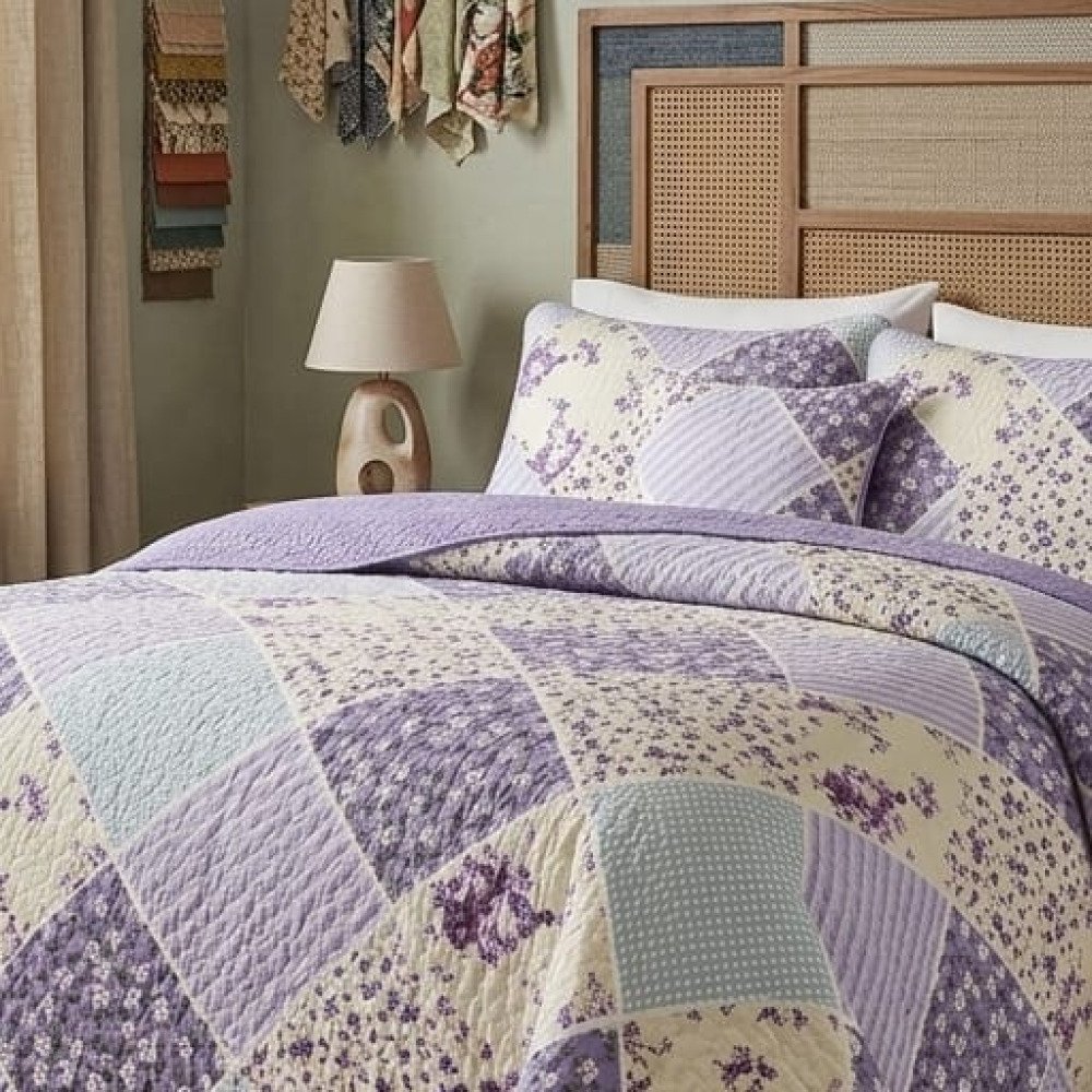 Cubrecama Quilt Patchwork Floral Morado 2 Plazas (230x250 cm) - Imagen 2